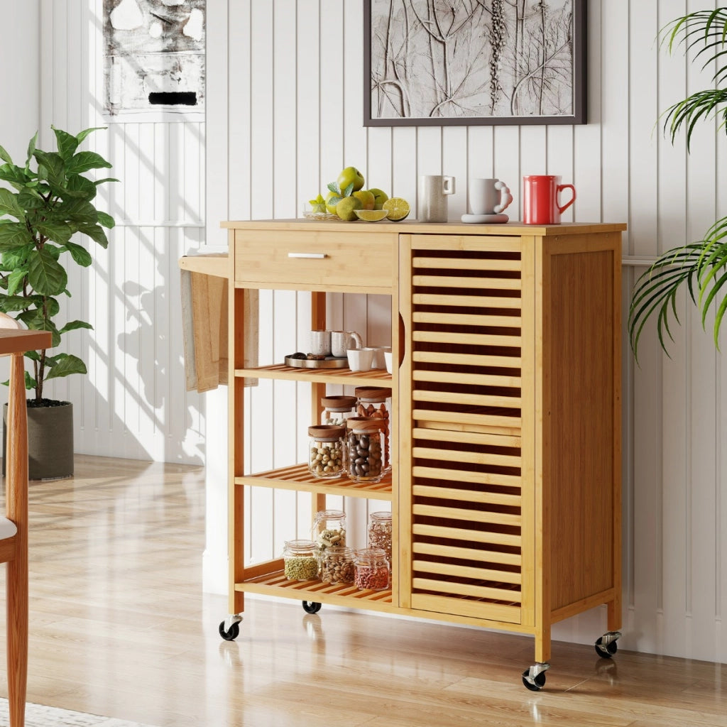 Carrello isola cucina in bamb¨´ con cassetto e 3 ripiani aperti-Tavolo cucina mobile per sala da pranzo Naturale