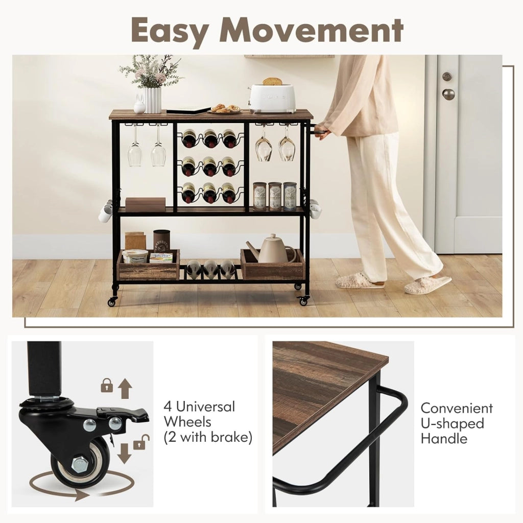 Carrello di Servizio Industriale a 3 Livelli, Carrello da Cucina con Portabicchieri, Porta Bottiglie, 107,5x40x91,5 cm