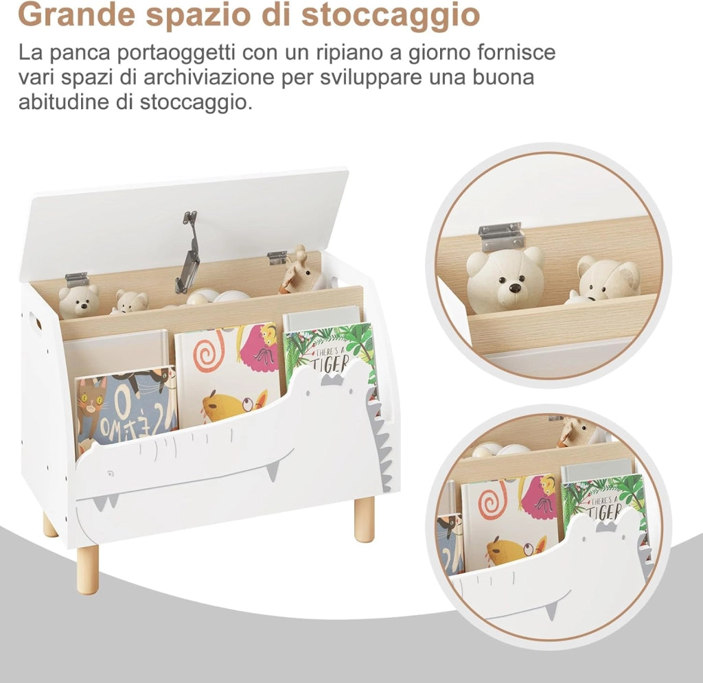 Panca Contenitore per Bambini, Contenitore Porta Giocattoli in Legno a Coccodrillo, Cassapanca con Scomparto Chiuso e Aperto, Bianco, 49,5x30x44,5cm