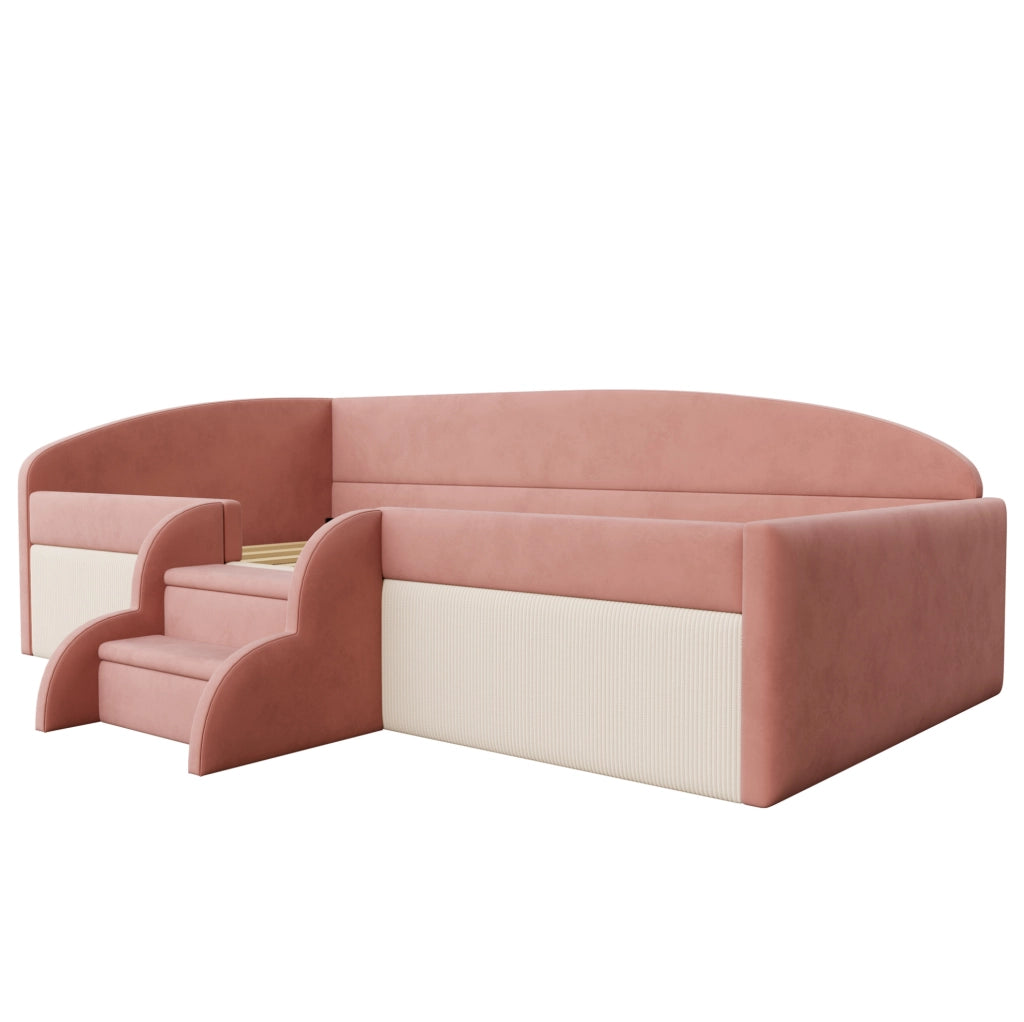 Letto imbottito per bambini 90x190 cm in velluto rosa e bianco; con scaletta e sponde