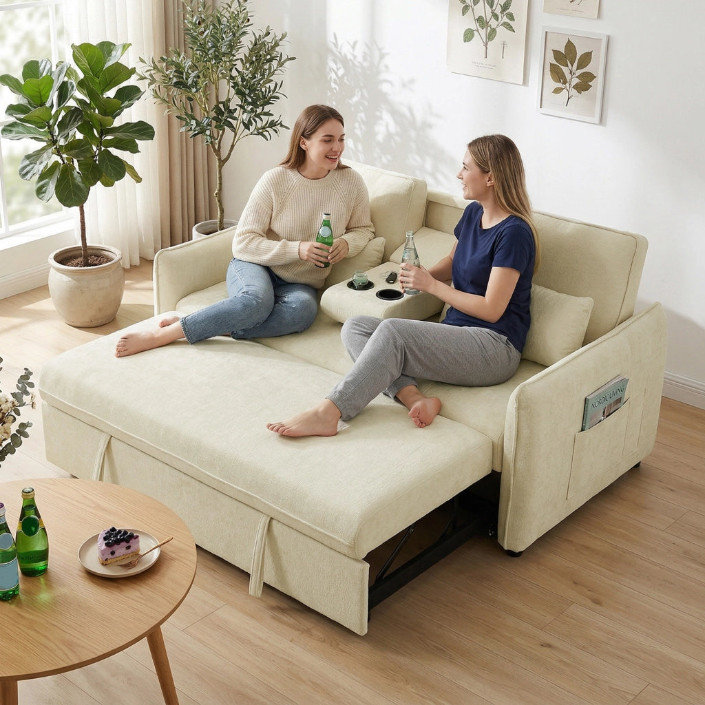 Divano Letto 2 Posti 3 in 1  con Schienale Regolabile in 3 Posizioni con 2 Cuscini in Ciniglia Beige