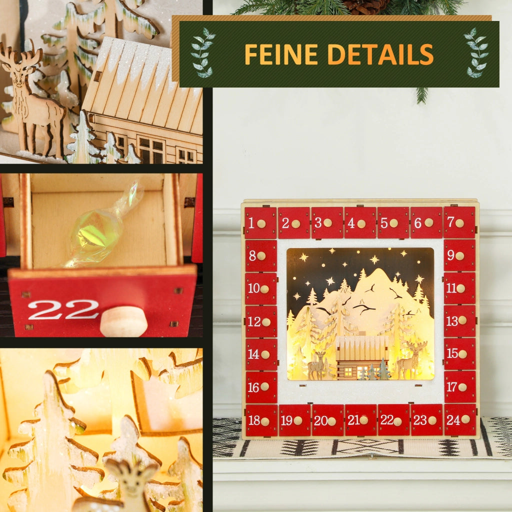 Calendario dell'Avvento LED con Villaggio, 24 Cassetti, MDF, 34x7x34 cm, Rosso ¨C zephmum ¨C LED, Villaggio, 24 Cassetti, MDF, 34x7x34 cm, Rosso