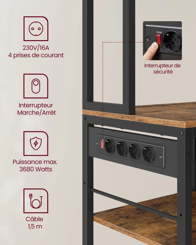 Mensola da cucina con multipresa bar con ripiani regolabili cassetto in tessuto 12 ganci 40 x 80 x 180 cm supporto per microonde marrone rustico e nero inchiostro 12_0005657