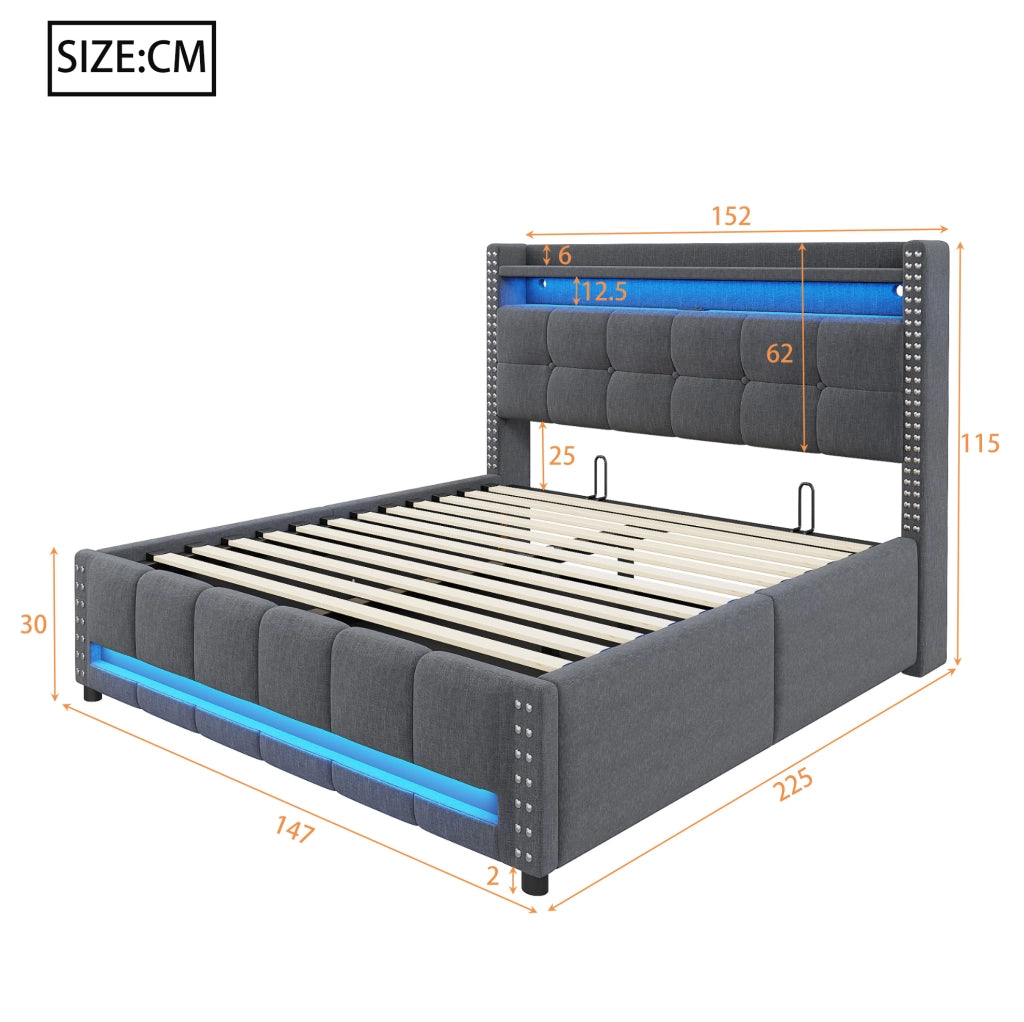 Letto imbottito 140 x 200 cm grigio con LED, USB e vano contenitore