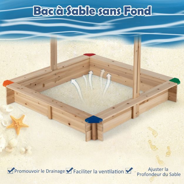 Sabbiera in legno di abete con tetto regolabile e basculante sabbiera da esterno con design senza fondo portata 90 kg per 3 anni + 20_0007744