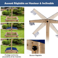 Sabbiera in legno di abete con tetto regolabile e basculante sabbiera da esterno con design senza fondo portata 90 kg per 3 anni + 20_0007744