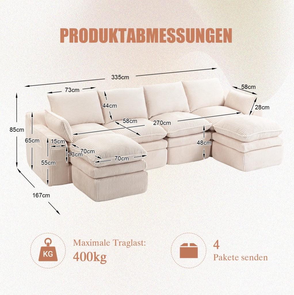 Divano modulare in velluto a coste beige 335 × 167 × 85 cm