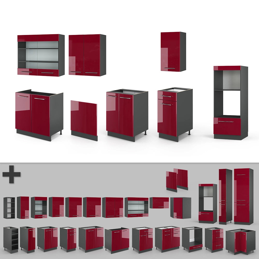 Vicco Cucina componibile Bordeaux lucido/antracite 300 cm con armadio alto, PL Antracite