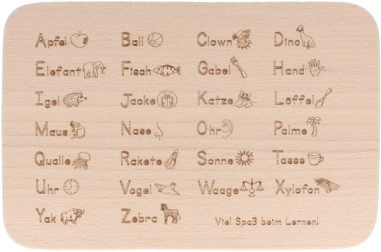 Piastra da colazione in legno con incisione · ABC e 1x1 piastra per pane per insegnare ai bambini · Regalo per l'inizio dell'anno scolastico o pallina scolastica per bambine e bambini