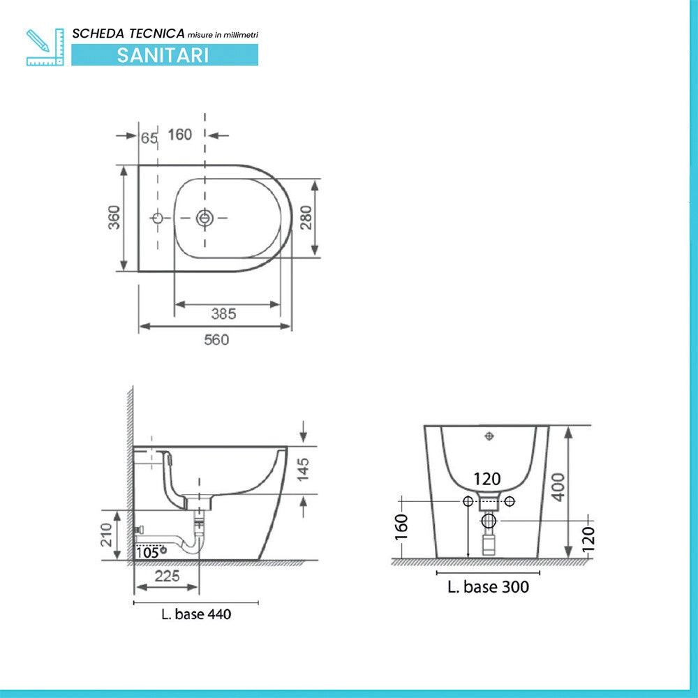 Sanitari filo muro P 56 cm in ceramica bianca con seduta ovale e scarico rimless Velora