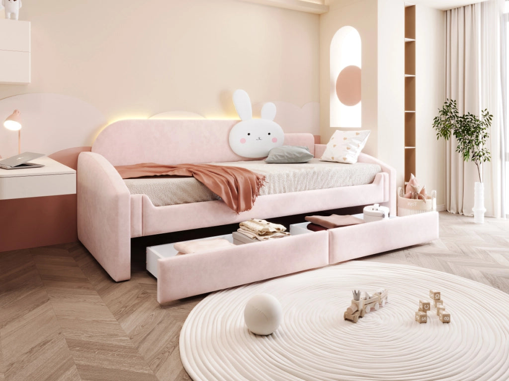Divano letto per bambini con contenitore e LED, 90x200 cm, rosa