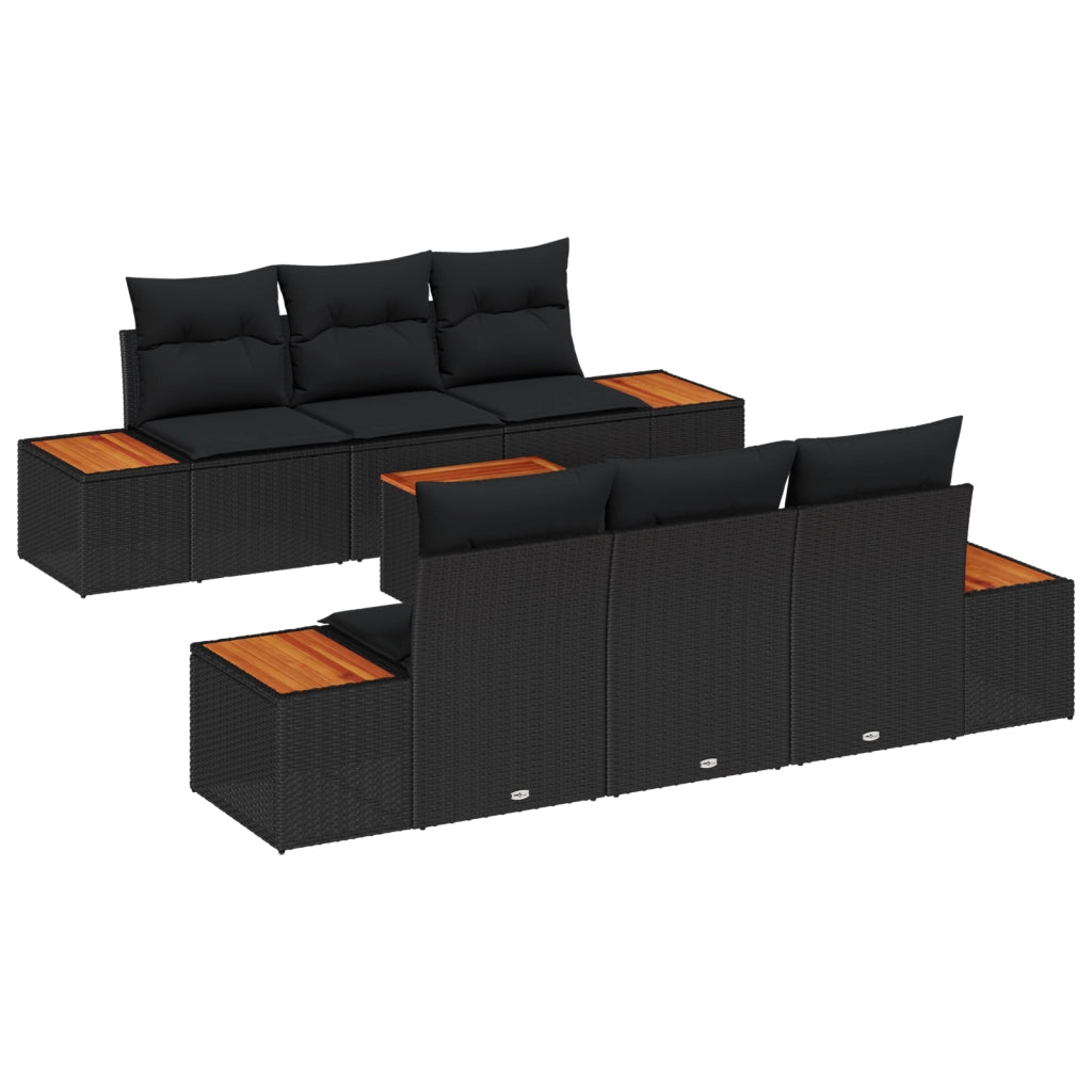 Set Divano da Giardino 7 Pezzi con Cuscini Rattan Sintetico Nero Acacia