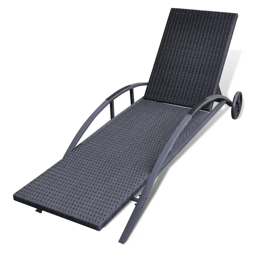 Lettino prendisole sedia a sdraio lettino prendisole letto da giardino mobili da esterno per patio con cuscino e ruote resina intrecciata nera 02_0012449