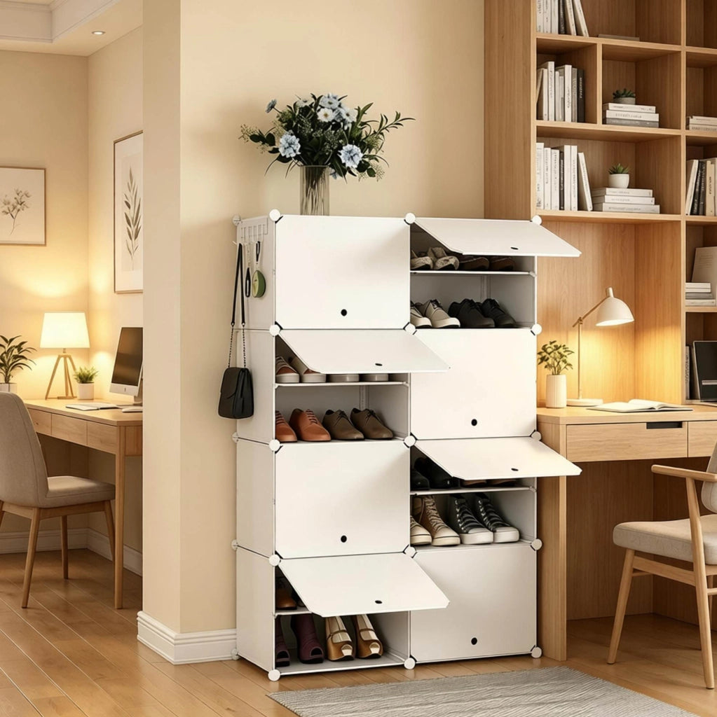 Scarpiera modulare ULEVR 94x36,5x144 cm con 8 scomparti a 2 livelli e ganci laterali, bianca