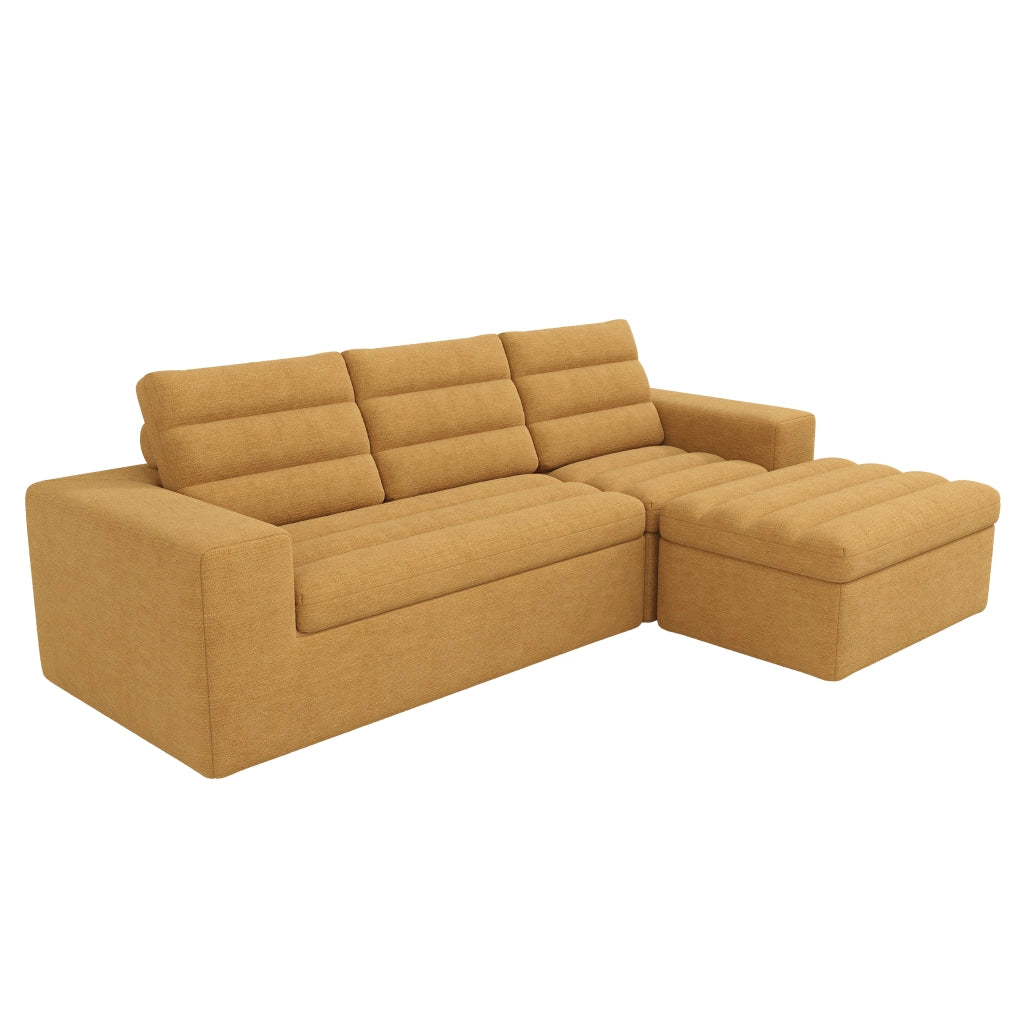 Divano angolare modulare a L in chenille arancione con pouf, 253x161x89 cm