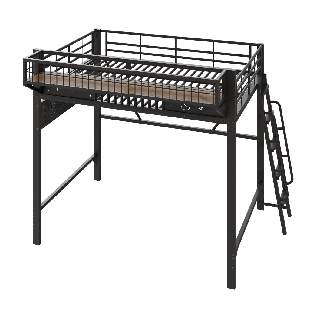Letto a soppalco 140x200 cm per 2 persone, letto alto con ripiani portaoggetti e spazio aperto sottostante, metallo nero