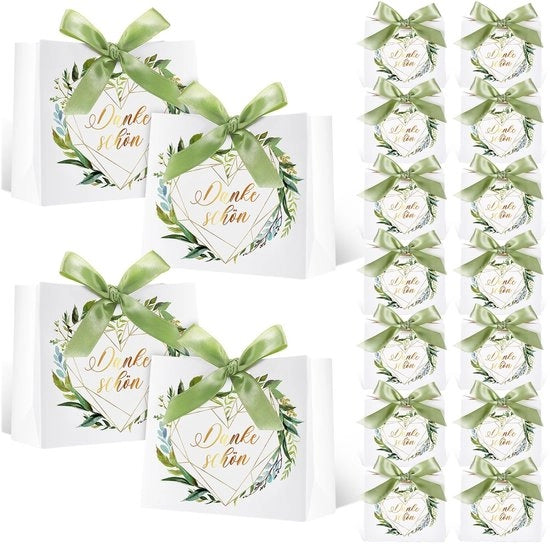 Confezioni di regalo 30 pezzi - Sacchetti di ringraziamento - Sacchetti di carta - Foglie di eucalipto - Sacchetti di dolci - 11,5 x 10 x 4,5 cm - Verde - Confezioni di regalo