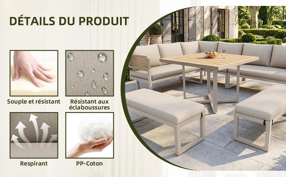 OKWISH Divano da esterno Salotto da giardino con Cuscini Fissi e Piedini Regolabili, Tavolo da Pranzo Metallo Tessuto Beige