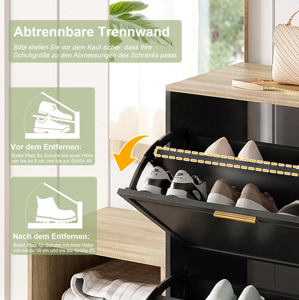Set guardaroba da ingresso 4 pezzi nero e naturale con scarpiera, panca, specchio e appendiabiti