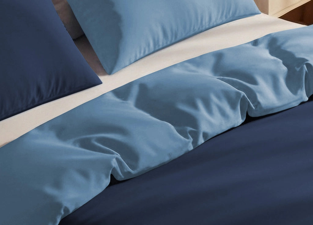 Copripiumino Tinta Unita Bicolor 100% Puro Cotone Made In Italy Doubleface CN - Matrimoniale - Blu-Azzurro
