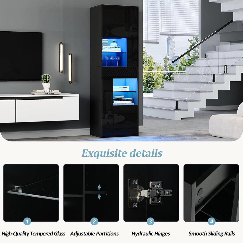 Vetrina esposizione 55x38x170 cm con LED - Xylo - 1 cassetto, 4 ante vetrate, design brillante, nero