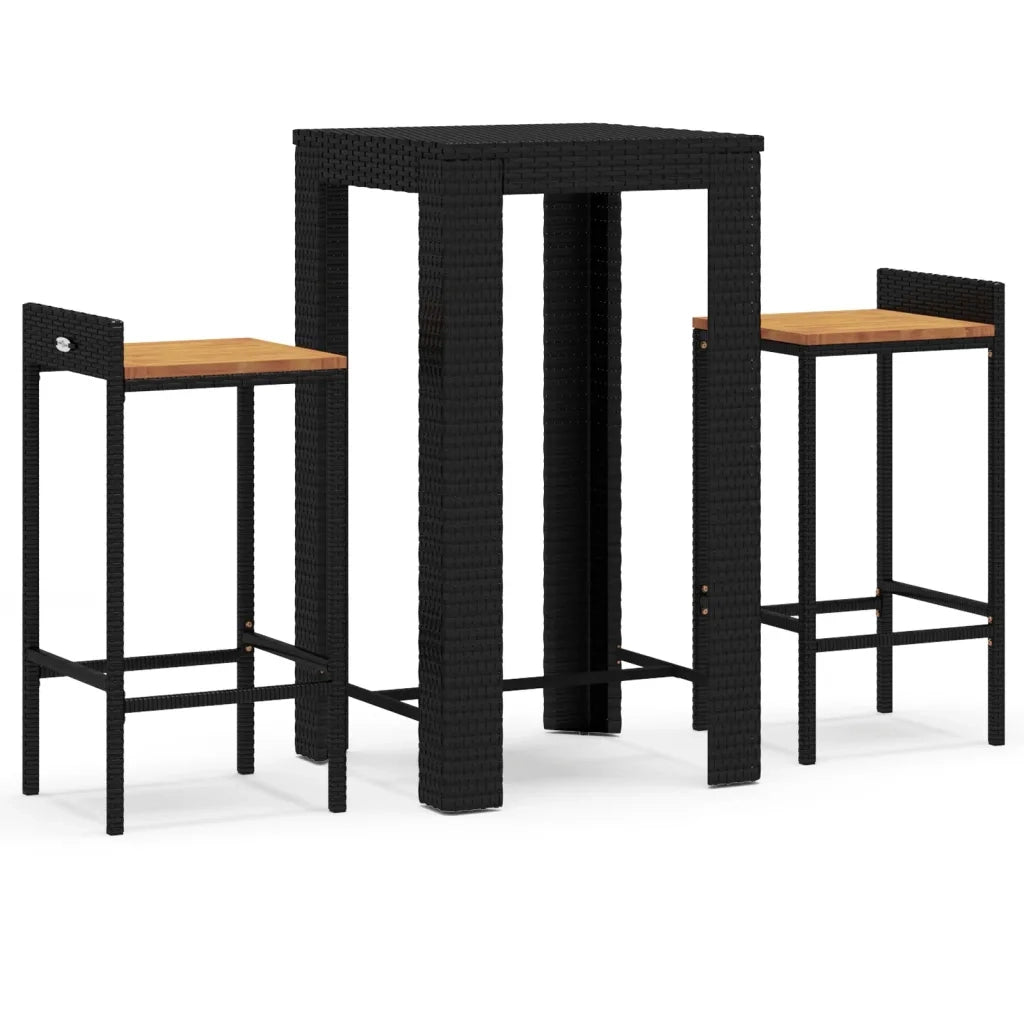 Set Bar Giardino 3 pz Nero Polyrattan e Legno Massello Acaciacod mxl 124626