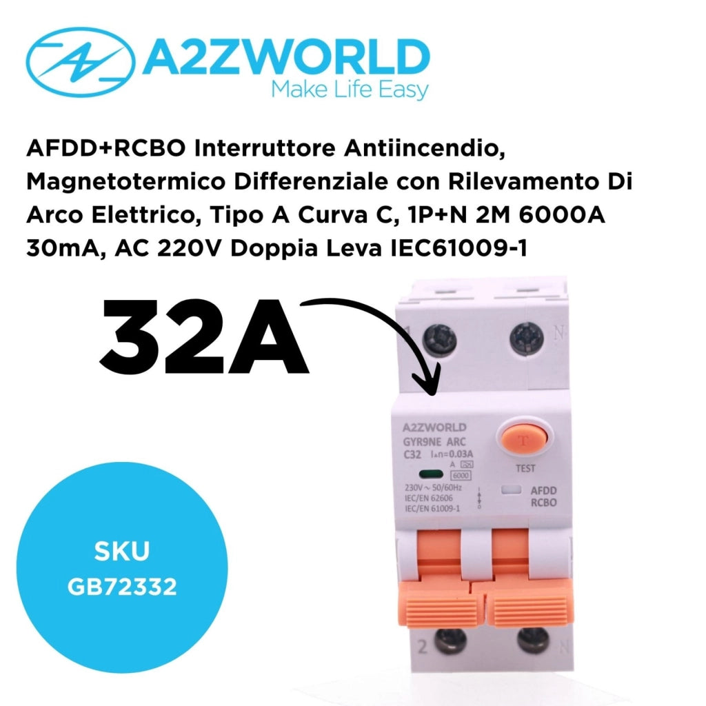 AFDD+RCBO Interruttore Antiincendio, Magnetotermico Differenziale con Rilevamento Di Arco Elettrico, Tipo A Curva C, 1P+N 2M 6000A 30mA, AC 220V Doppia Leva,GYR9NE-ARC,10A 16A 20A 25A 32A 40A (C32A)