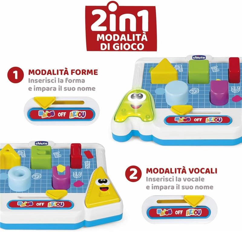 CHICCO LE FORME DELLE VOCALI LETTRONICO E PARLANTE PER IMPARARE LE LETTERE DELL'ALFABETO E LE FORME 2-4 ANNI