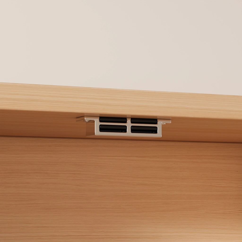 Scrivania lineare con libreria alta, ante in acrilico, cassetti e vani aperti, per studio e ufficio, 180 cm