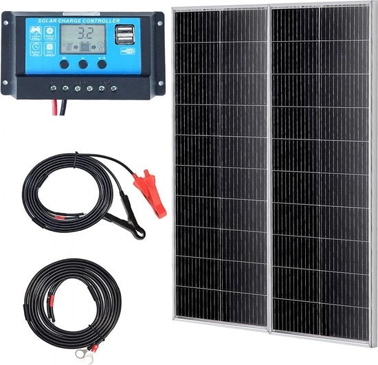 Set di pannelli solari 200W composto da 2 moduli solari monocristallino 12V più regolatore di carica 16,66A percentuale di conversione del sistema solare del 23% Compatibile con batterie AGM, GEL, FLD, LI Ideale per camper, barche, accessori