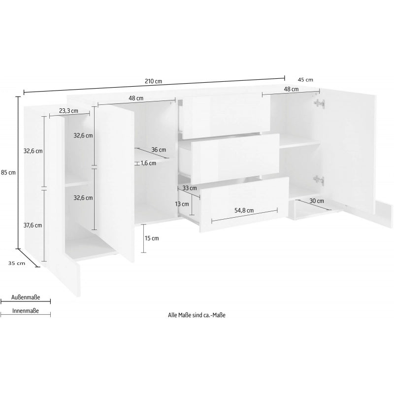 Credenza Pillon 210 – 2+2 ante + 3 cassetti – Bianco Lucido/Report