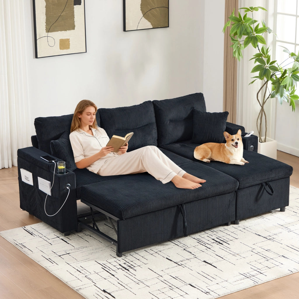 Divano angolare convertibile con chaise longue idraulica, letto estraibile, USB-C e vano contenitore in corda nero