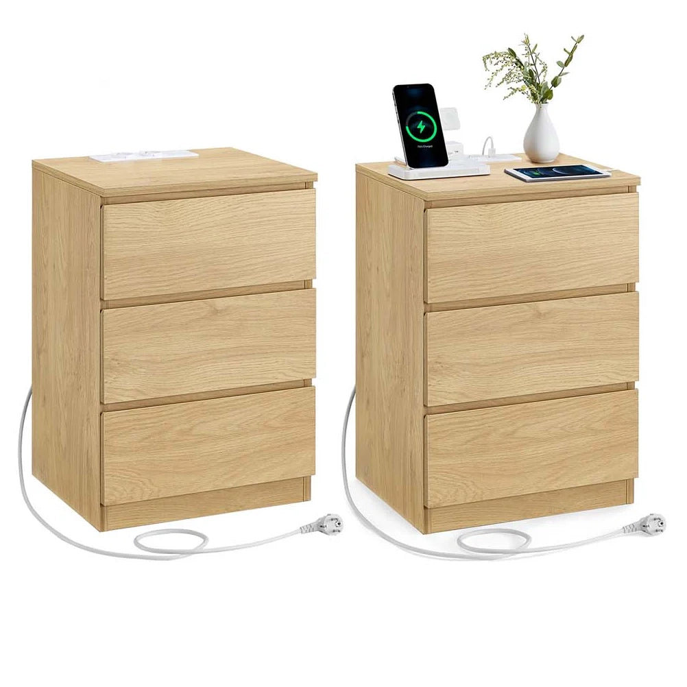 Comodino con multipresa tavolino con 3 cassetti 2 prese CA 2 porte USB frontali dei cassetti smussati per soggiorno camera da letto ufficio moderno marrone 12_0007614