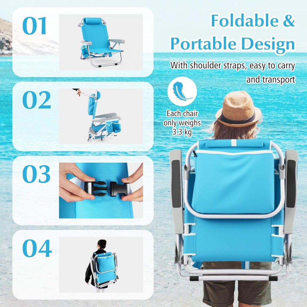 Sedia da Spiaggia Pieghevole con Zaino, Sedia da Campeggio in Alluminio Reclinabile con Schienale Regolabile in 5 Posizioni, Porta Asciugamani (65 x 66 x 78 cm,Blu,1)