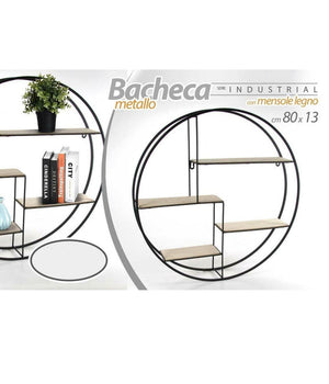 Bacheca Porta Oggetti In Metallo Tonda Parete Mensole Legno 80x13cm Nero 763601         