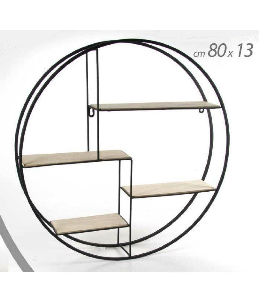 Bacheca Porta Oggetti In Metallo Tonda Parete Mensole Legno 80x13cm Nero 763601         
