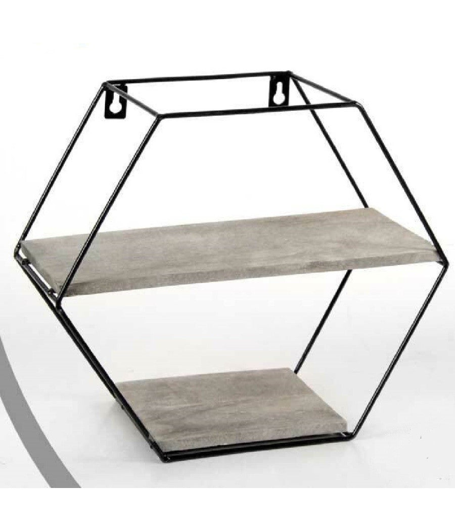 Bacheca Porta Oggetti Metallo Esagonale Parete 2 Mensole Legno 29x11x25cm 751981         
