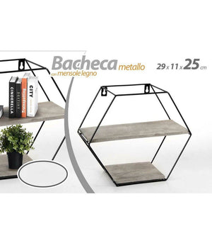 Bacheca Porta Oggetti Metallo Esagonale Parete 2 Mensole Legno 29x11x25cm 751981         