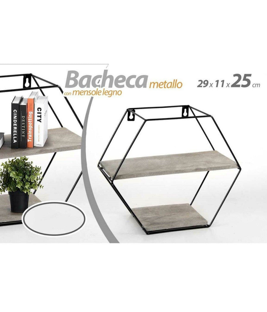 Bacheca Porta Oggetti Metallo Esagonale Parete 2 Mensole Legno 29x11x25cm 751981         