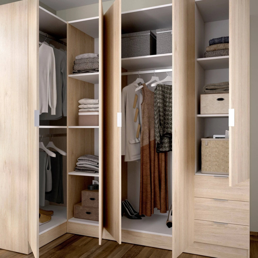 Guardaroba Atena, Mobile angolare per camera da letto, Armadio appendiabiti ad angolo a 5 ante battenti, 214x91h184 cm, Rovere
