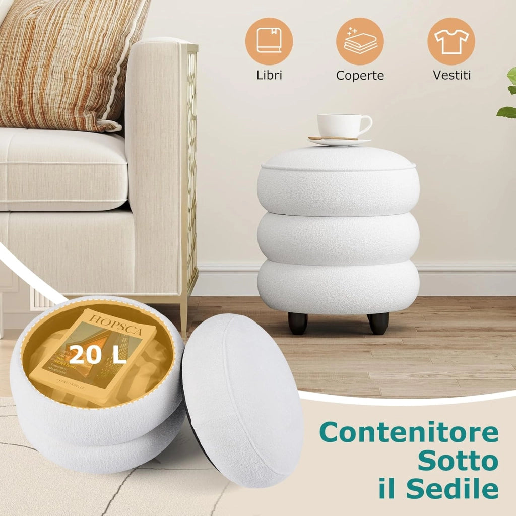 Pouf Contenitore Rotondo 20 L, Ottomano con Coperchio Rimovibile, Sgabello da Trucco con Gambe in Legno di Gomma, Portata 150 kg, per Camera da Letto e Salotto