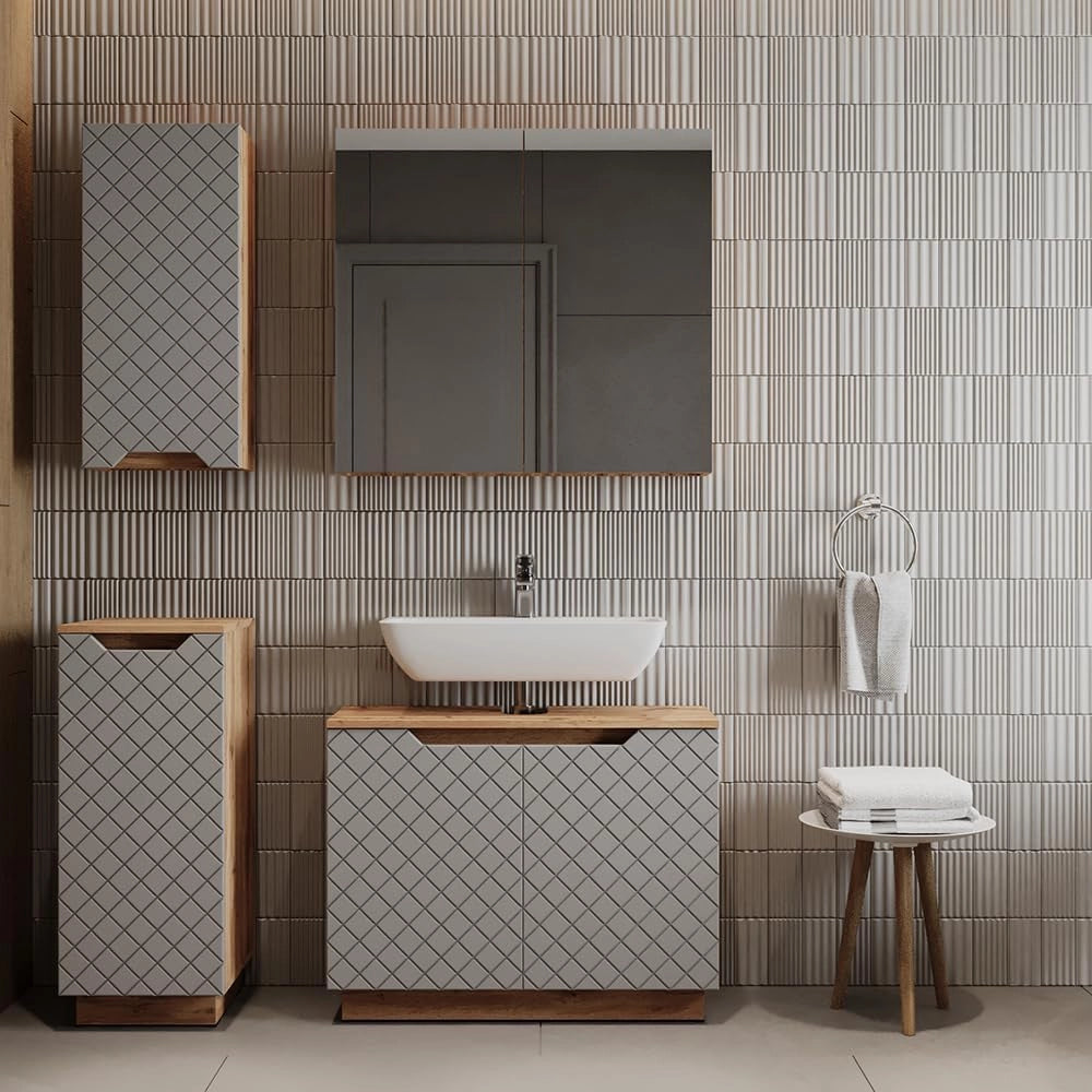 Set di mobili da bagno Lotta, Grigio, 79.6 cm, composto da mobile sottolavabo, specchiera, armadio medio e pensile