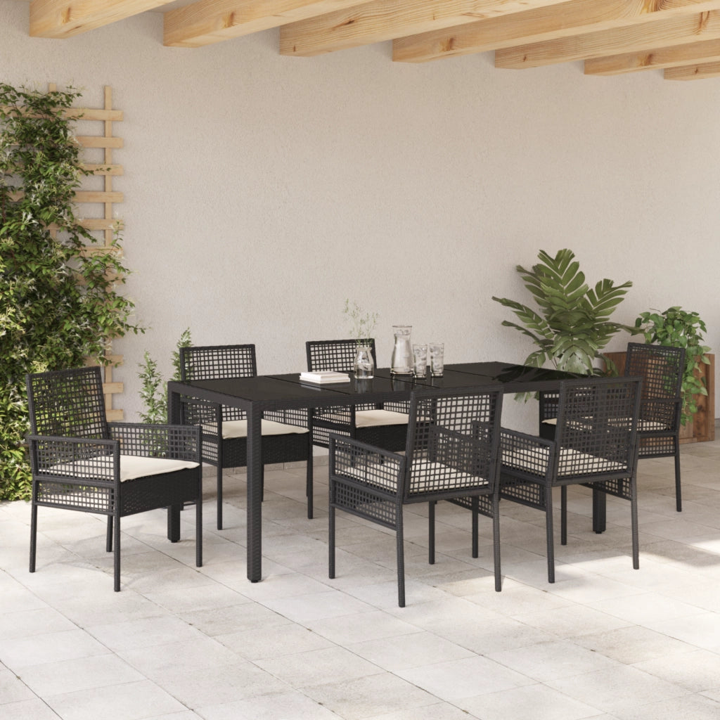 Set da Pranzo da Giardino 7 Pezzi con Cuscini Rattan Nero