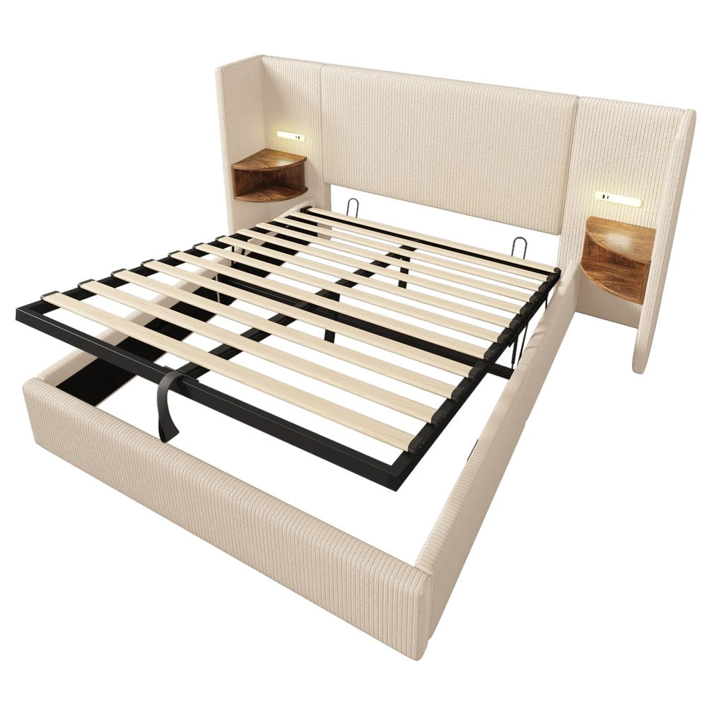Letto Imbottito Contenitore Matrimoniale con Comodini ¨C MINIMAL ¨C Tessuto Beige, 160x200, Legno Massello e Metallo
