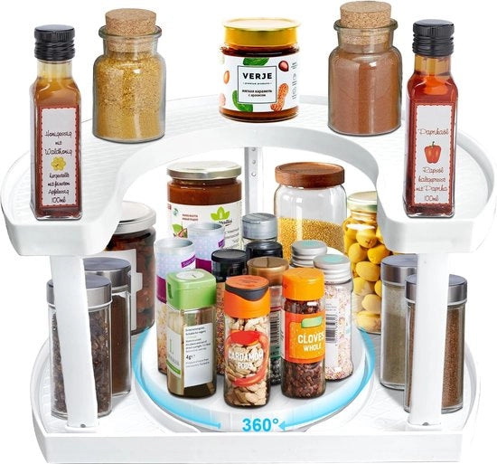 Organizzatore a giri, Lazy Susan 2 livelli, 360° girante organizzatore di cassetti, rotondo per la cucina, ripiano per spezie, regolabile in altezza per tavolo, cucina, armadio, sala da pranzo, bagno, uso domestico, doppio piano