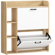 Scarpiera Slim 83x24x90,5 cm con 2 Cassetti Ribaltabili e 3 Vani Aperti Capacità 15 Scarpe Color Legno e Bianco