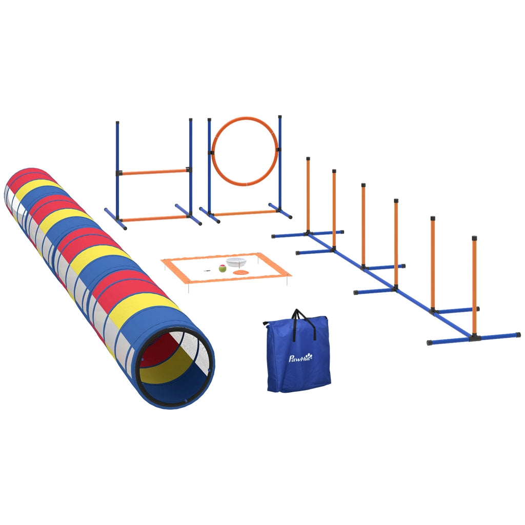 Kit Agility per Cani 12 Pezzi con 4 Tunnel Ostacoli Regolabili Anello Slalom 357x65x68cm Multicolore Facile da Montare per Giardino