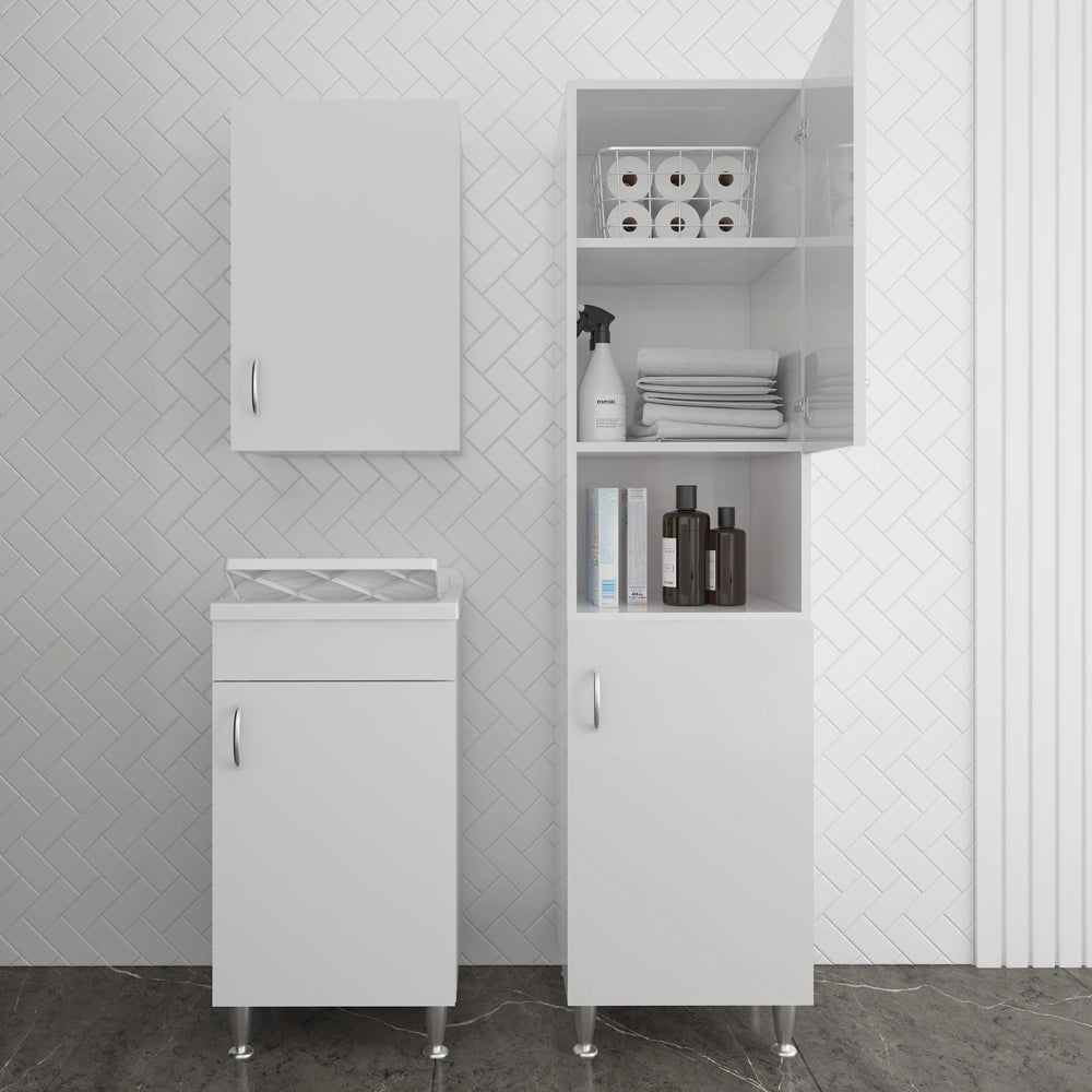 Set lavanderia con lavatoio colonna e pensile in legno bianco Fedra