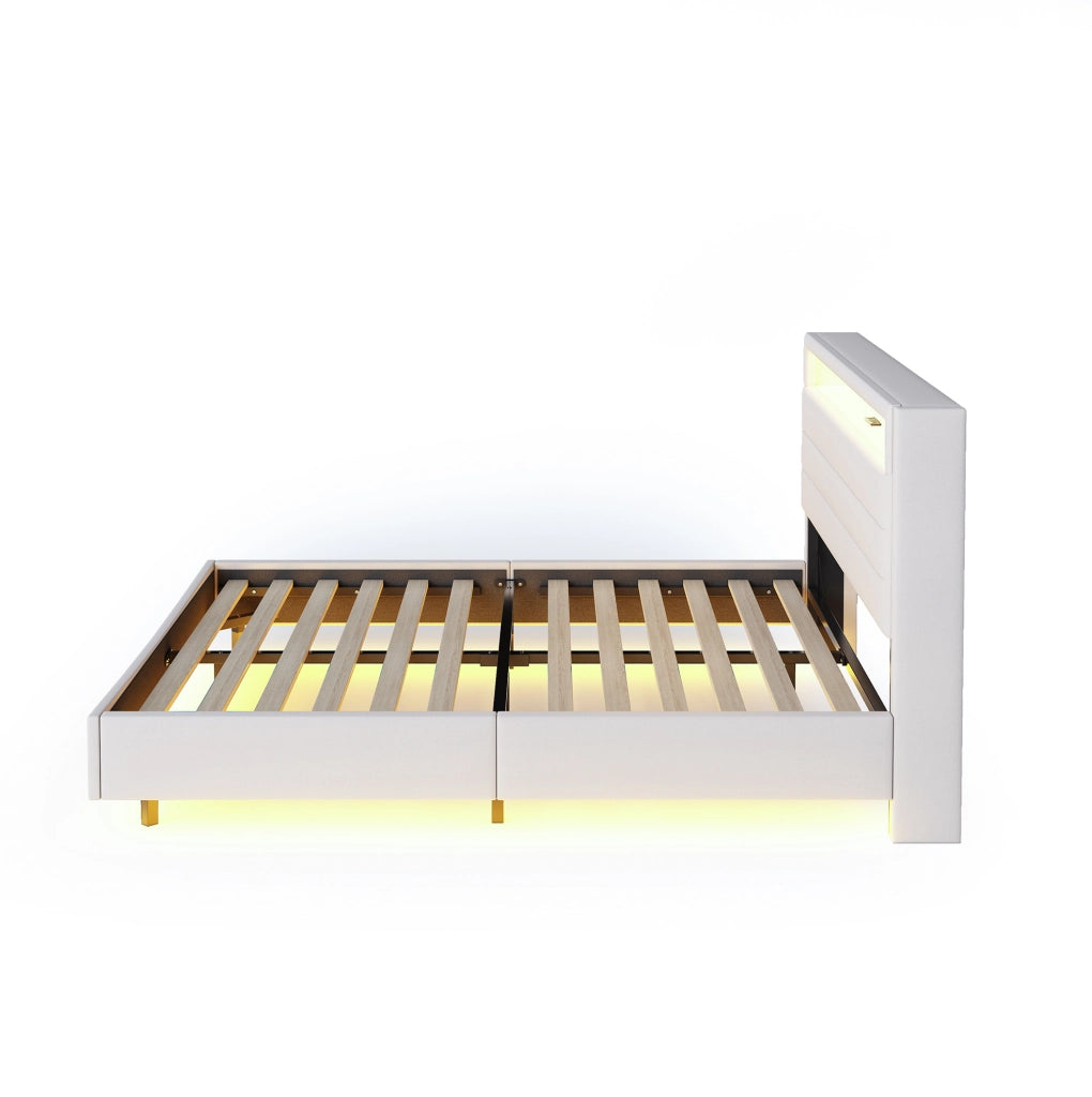 Letto imbottito 160x200 cm con LED, USB e testiera contenitore beige