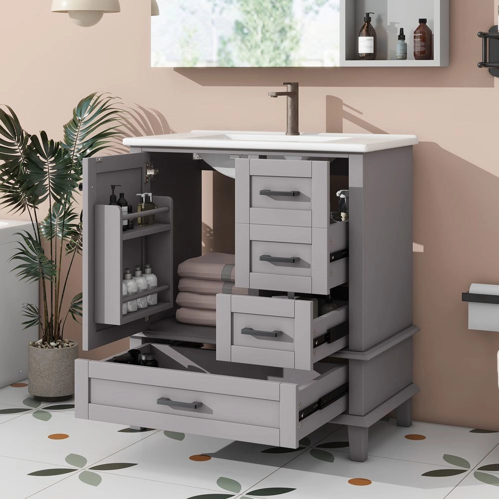 Mobile bagno con lavabo - Xylo - 76x46x83,5cm - Grigio - Laccato completo, ripiano porta, tre cassetti silenziosi, vaso ceramico integrato